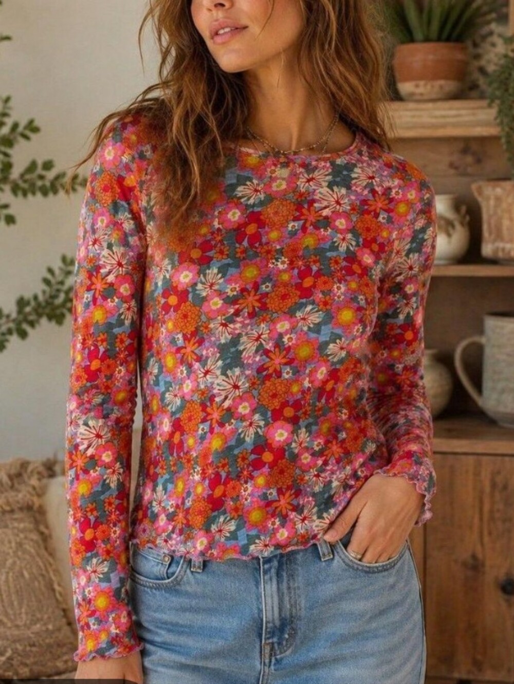 NATURAL LIFE Hot Pink Multi Floral Long-Sleeve Tee